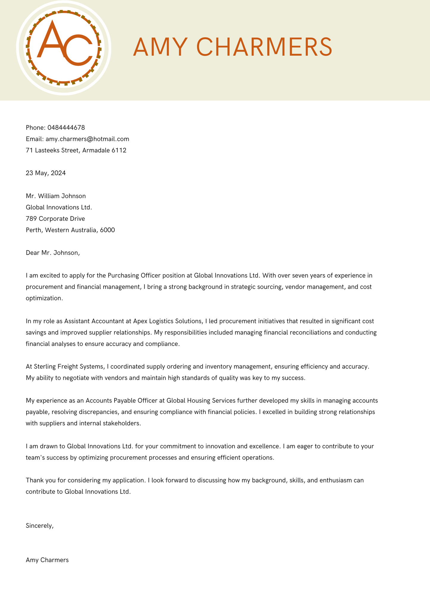 Formal cover letter from Amy Charmers applying for a Purchasing Officer position at Global Innovations Ltd.