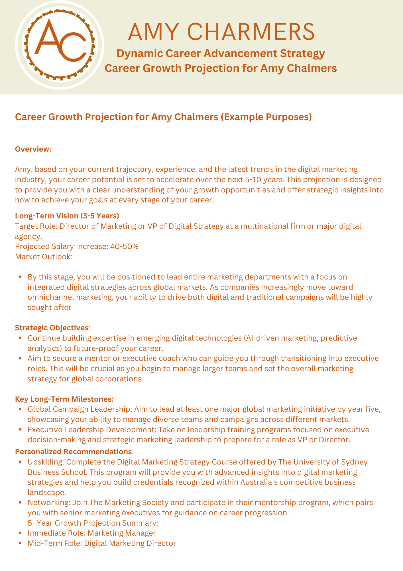 Career growth projection plan for Amy Chalmers detailing strategies and key milestones for marketing roles.