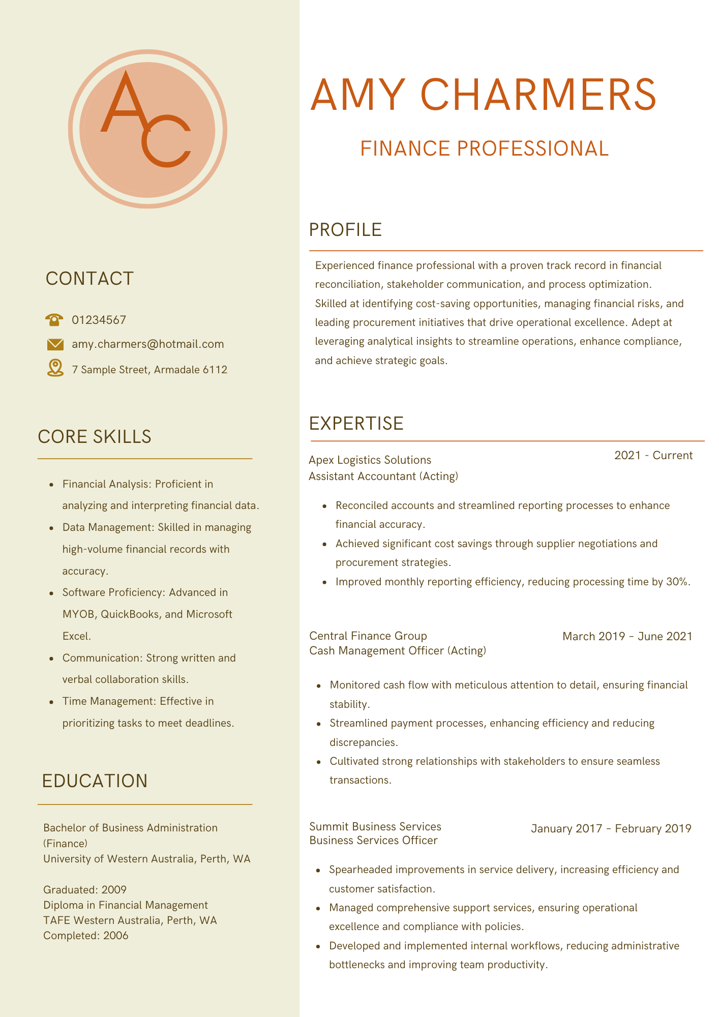 Resume of a finance professional named Amy Charmers, showcasing skills in financial analysis and management.