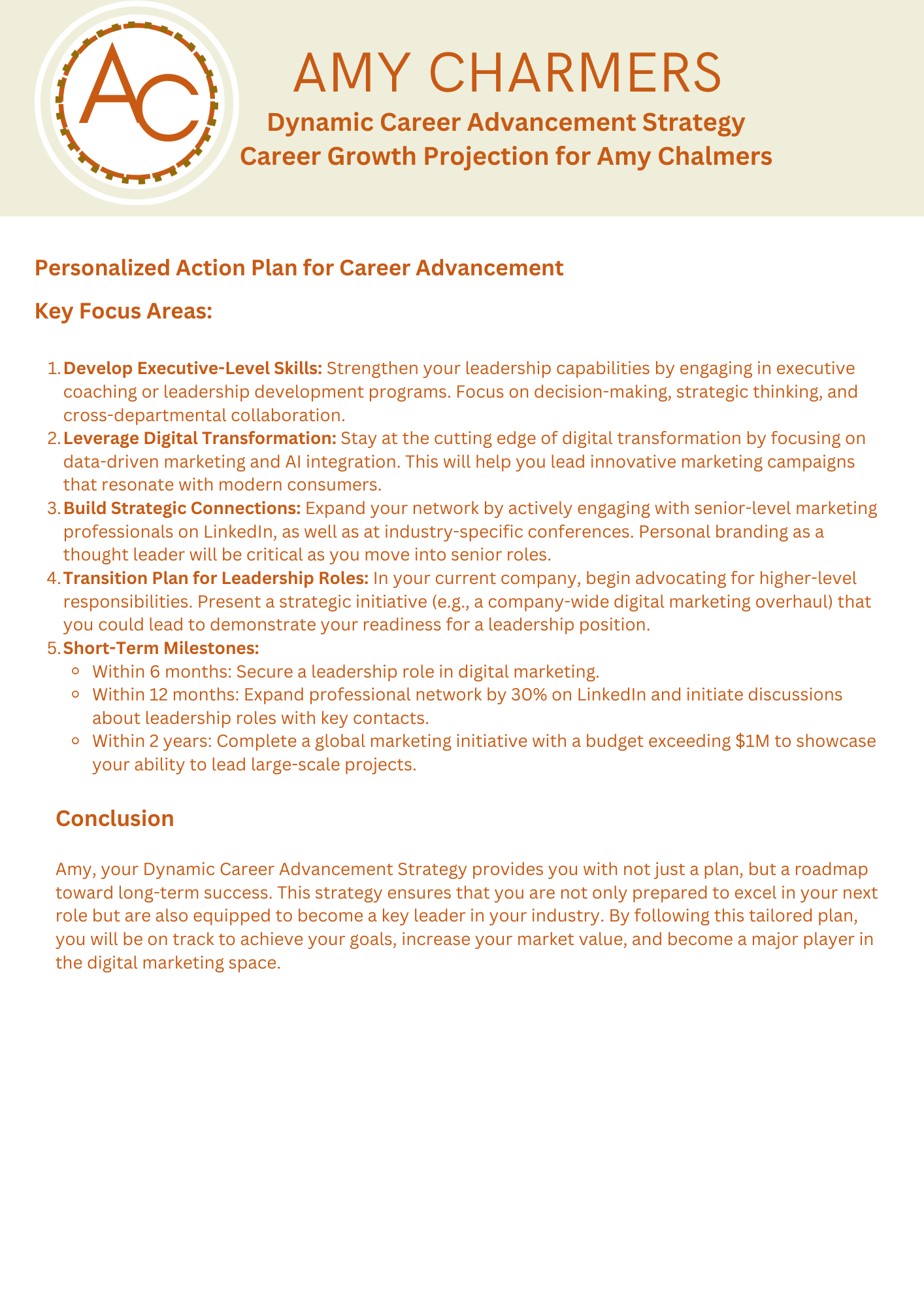 Personalized action plan for career advancement with key strategies highlighted for professional growth and digital marketing.