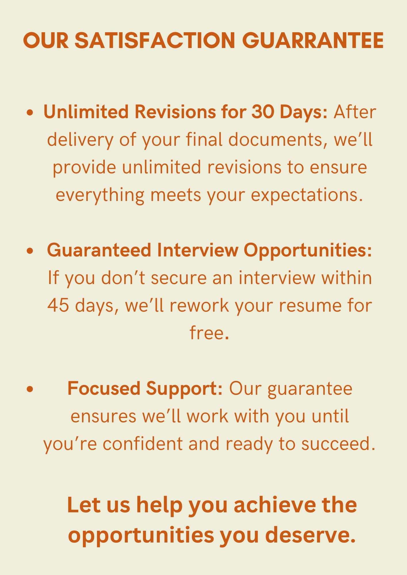 Text details of a satisfaction guarantee including unlimited revisions, interview opportunities, and focused support.