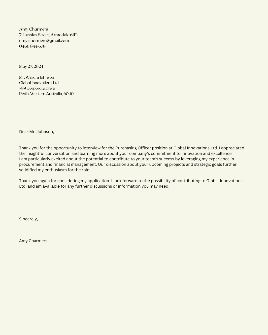Job application letter from Amy Charmers to Mr. Johnson at Global Innovations Ltd. regarding Purchasing Officer position.