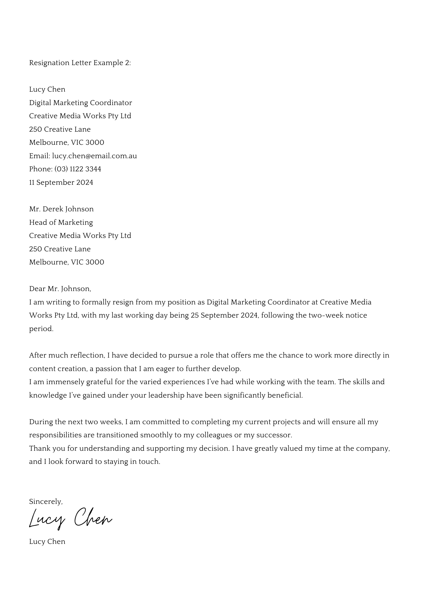 Simple resignation letter example — concise, professional format designed by Precision Point Resumes for leaving a job on good terms.