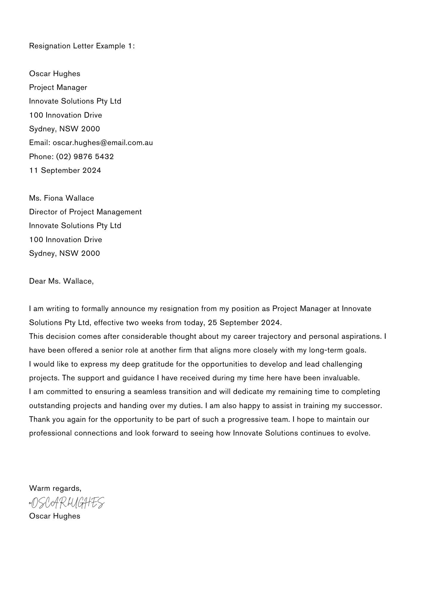 Professional resignation letter example — clear and respectful template crafted by Precision Point Resumes for smooth career transitions