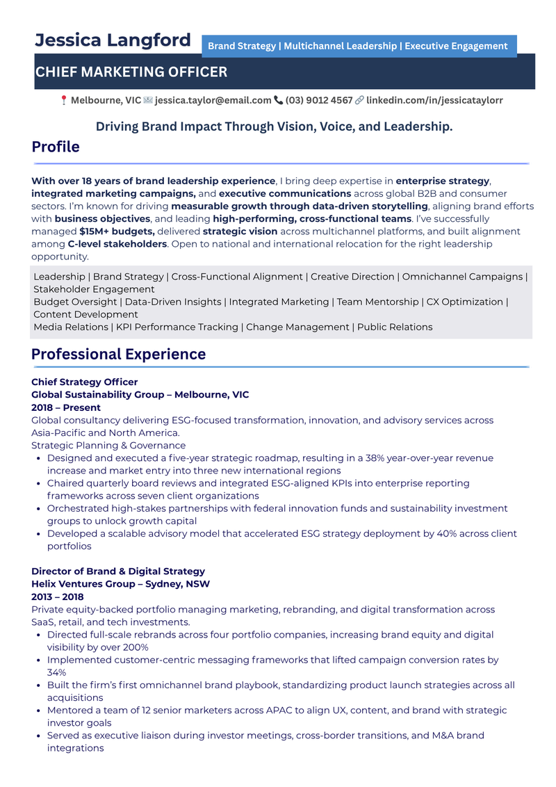 Chief Marketing Officer (CMO) / Senior Marketing Executive Resume