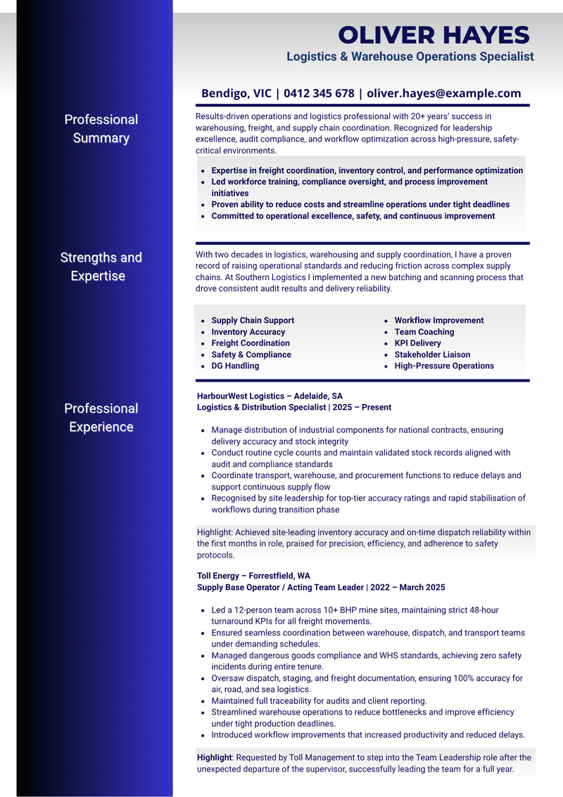 Logistics & Warehouse Operations Specialist Resume page 1