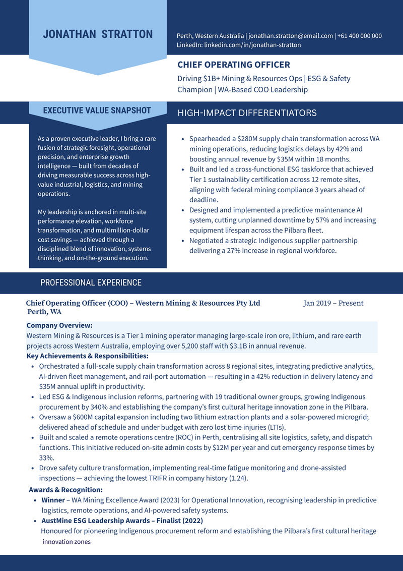 Chief Operating Officer (COO) Resume