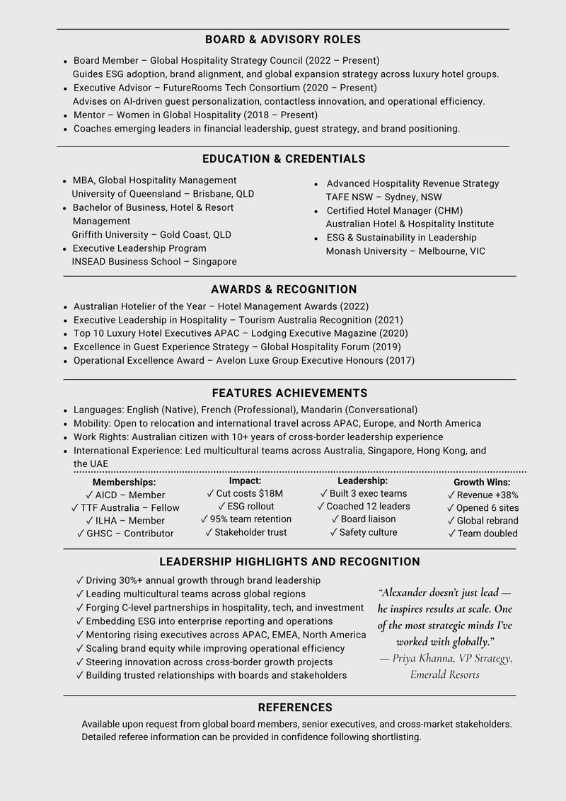 Executive Vice President, Hotel Operations Resume