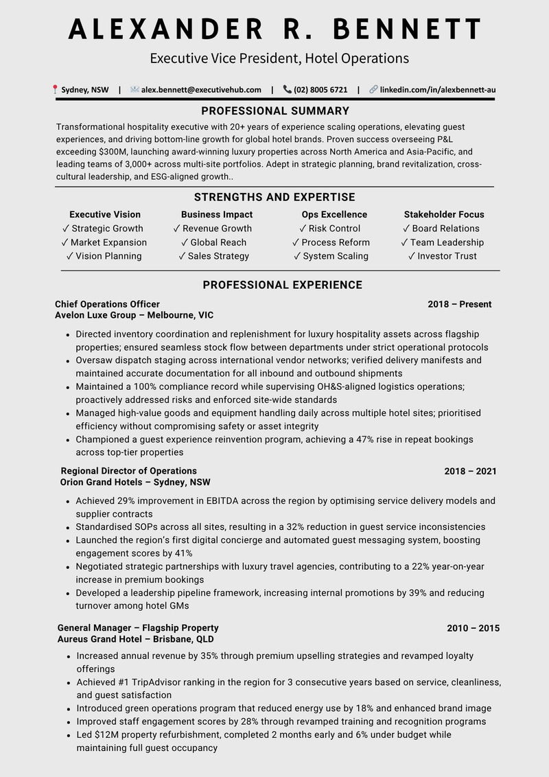 Executive Vice President, Hotel Operations Resume
